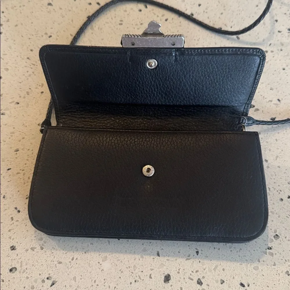 Brighton Y2K black leather crossbody Clutch silver and gold filigree heart snap